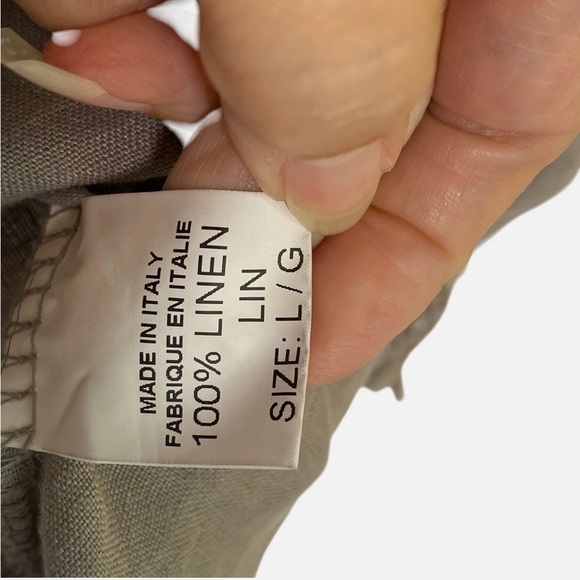 BELLA UMBRA 100% Linen Shift Dress Italy Crochet Hem Beige Tan Boho Minimalist L - Picture 5 of 7